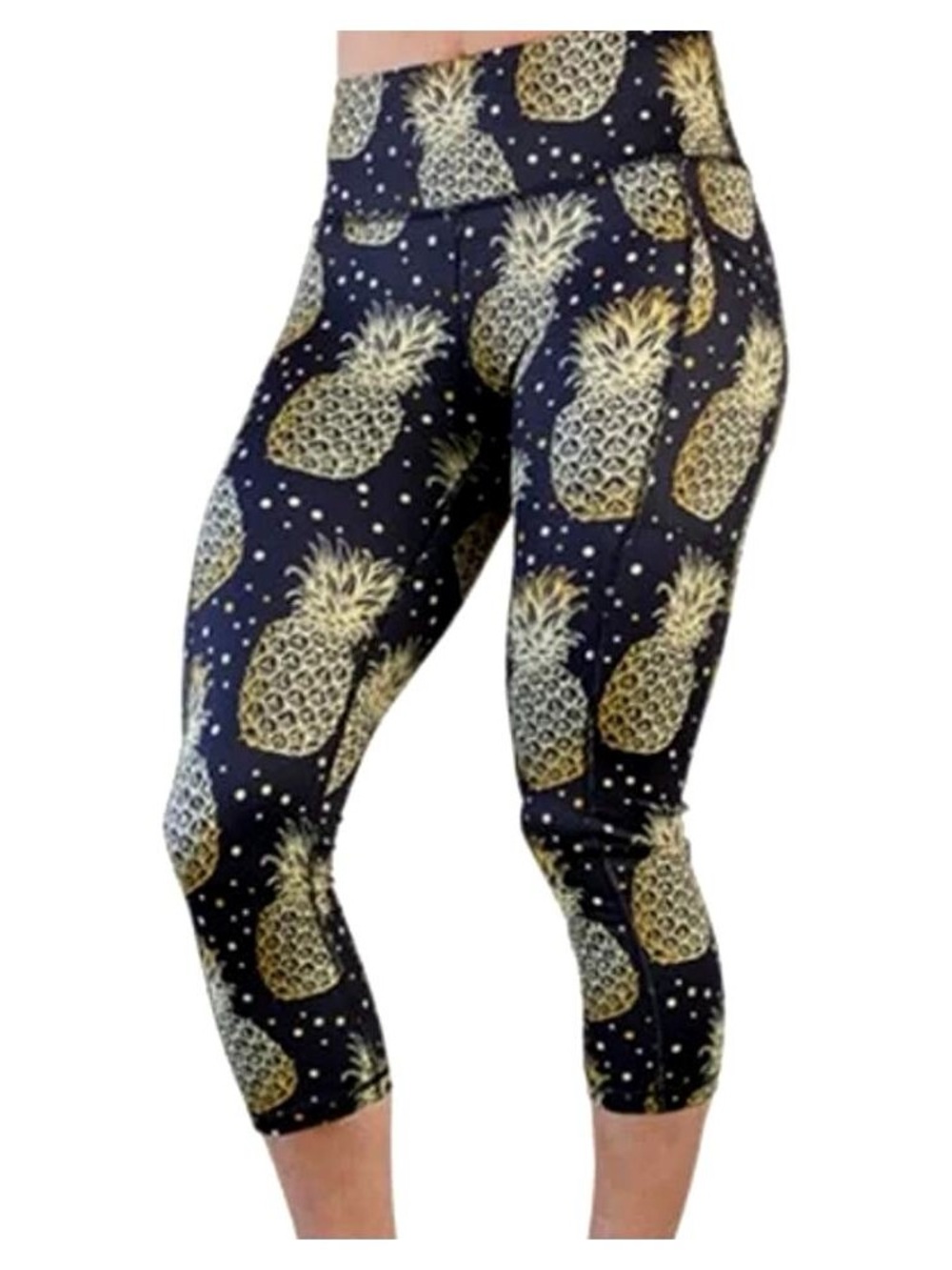 CVG Constantly Varied Gear Black Gold Pineapple Print Crop Legging Capri Sz S
